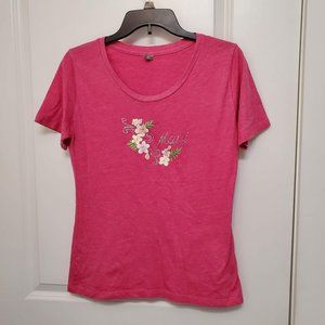 Womens Pink T-Shirt with Embroidered Flowers, Maui in Rhinestones, Size M